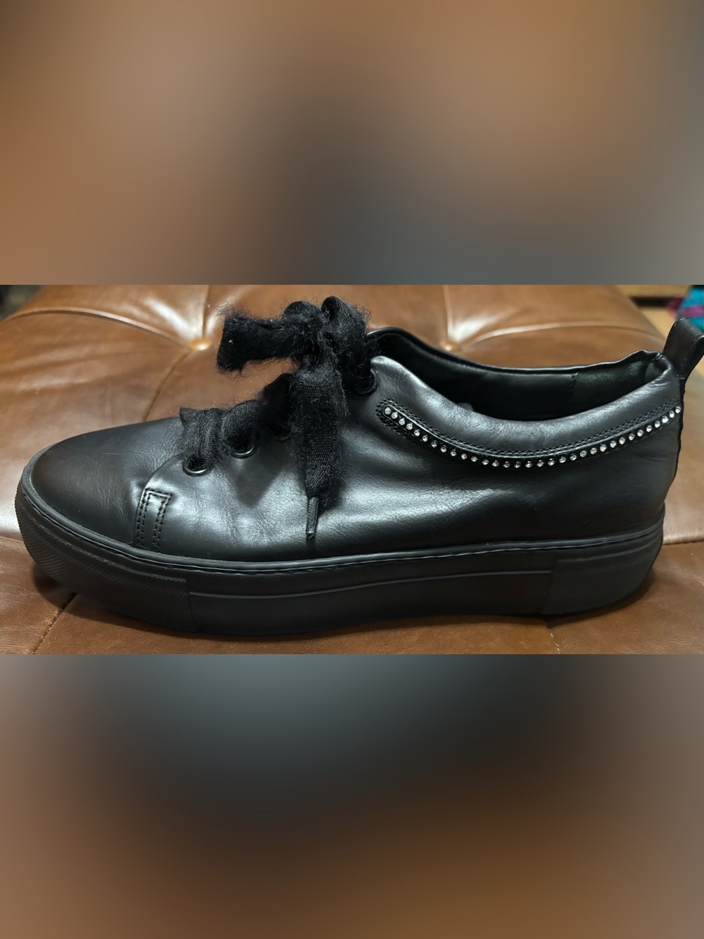 Elegant and Fun AGL Black Leather Platform Sneaker with Stud Trim